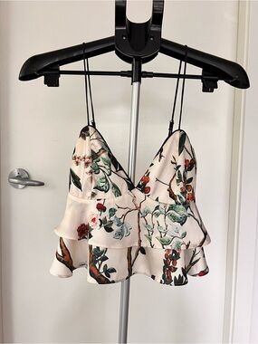 Botanical Ruffle V-Neck Cropped Cami Top - Cream Green